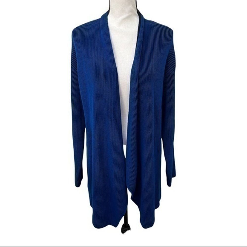 Chaus blue and black ribbed open front cardigan Size M